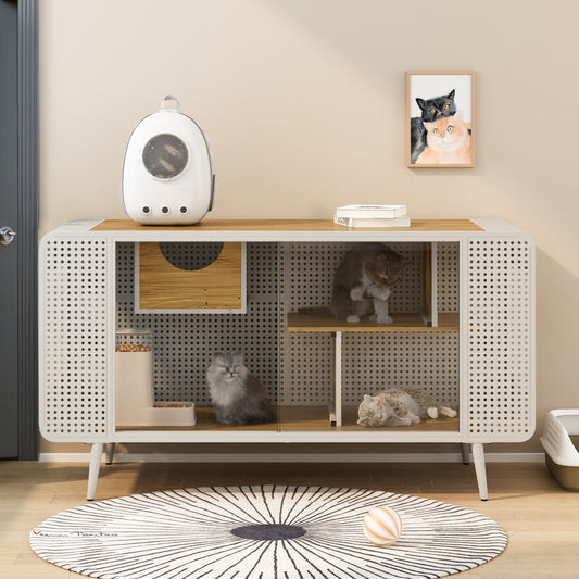 55.12 "Spacious Cat House with Tempered Glass, for Living Room, Hallway, Study and Other Spaces (White)