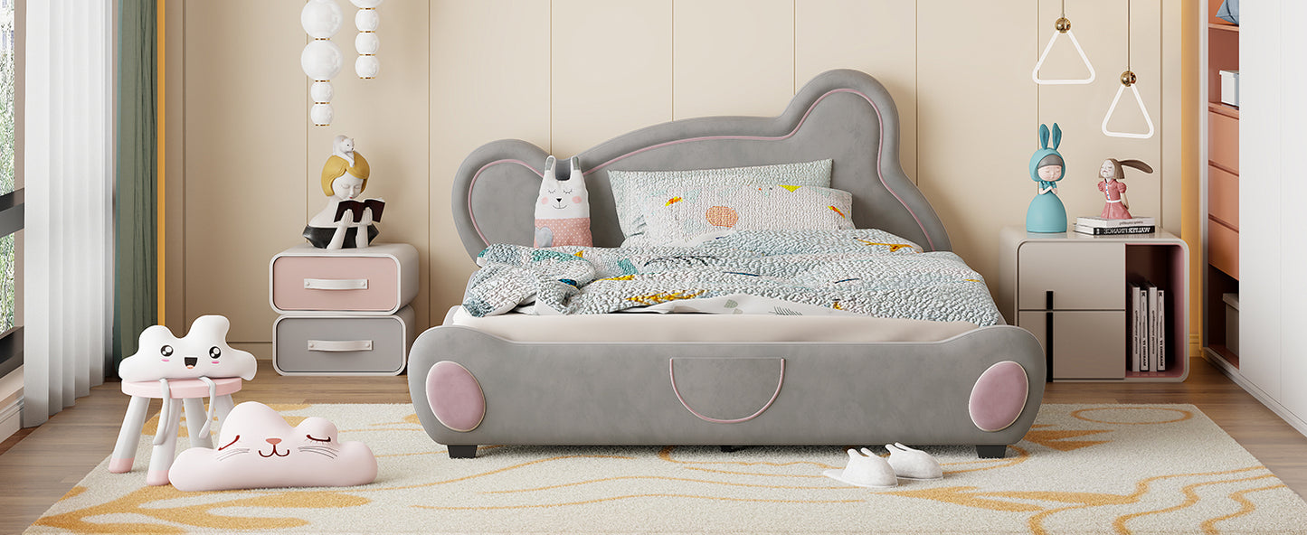 Queen Size Velvet Platform Bed with Bear-Shaped Headboard, with Bed-End Storage Pocket, Gray