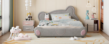 Queen Size Velvet Platform Bed with Bear-Shaped Headboard, with Bed-End Storage Pocket, Gray