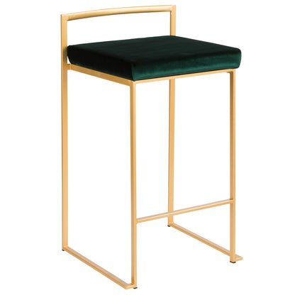 Fuji Contemporary-Glam Stackable Counter Stool in Gold with Green Velvet Cushion by LumiSource - Set of 2