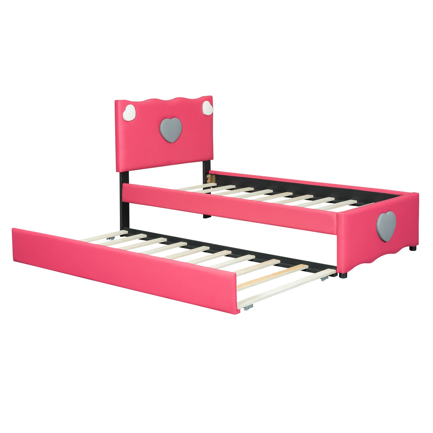 Twin Size Upholstered Platform Bed with Trundle and Heart Shaped Decoration, Dark Pink