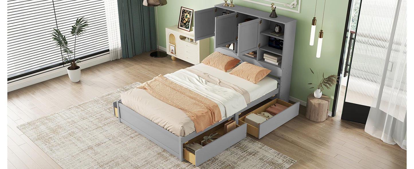 Queen Size Platform Bed with Storage Headboard and 4 Drawers, Gray