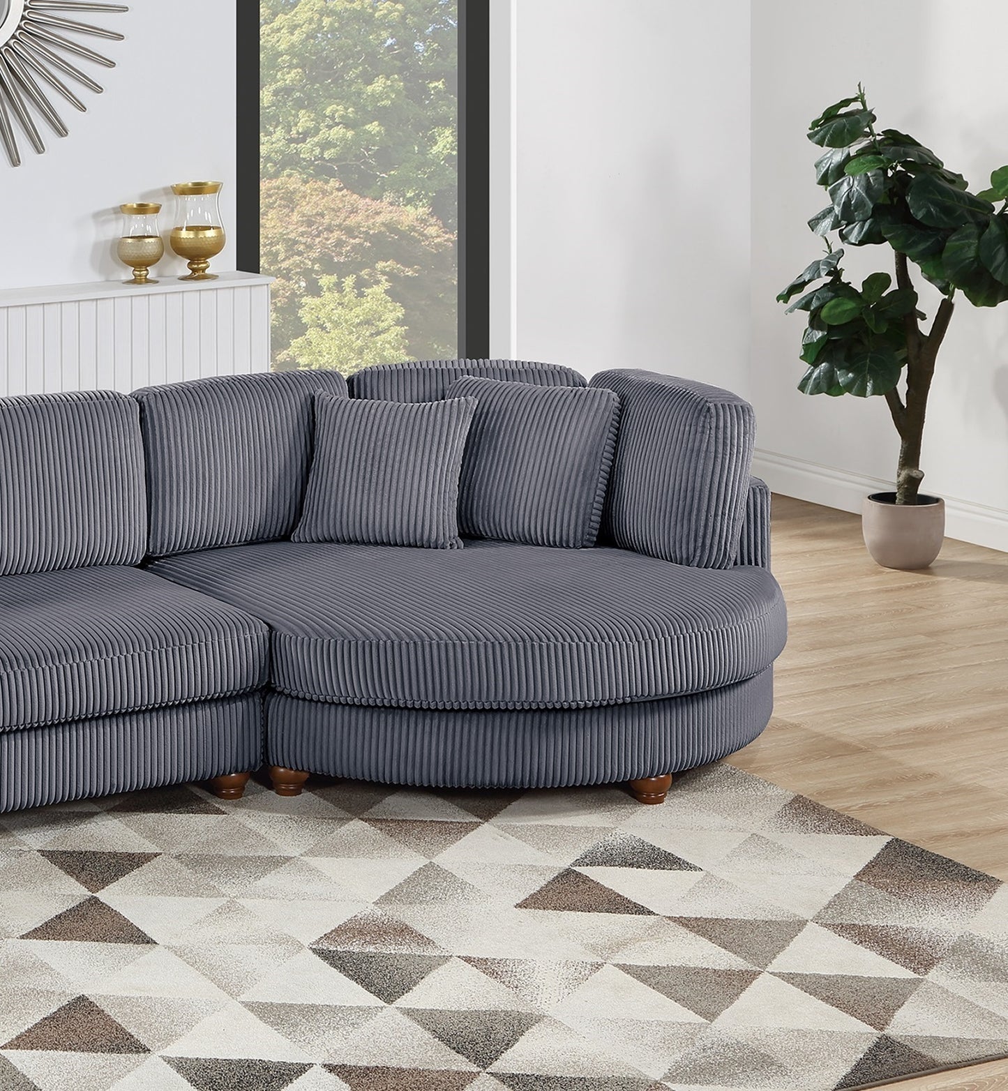 Contemporary 2pc Sectional Set XL Plush Corduroy Fabric Dark Gray LAF Sofa RAF Round Chaise w Pillows Living Room Couch