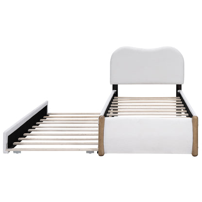 Twin Size Upholstered Platform Bed with Wood Supporting Feet and Twin Size Trundle, White