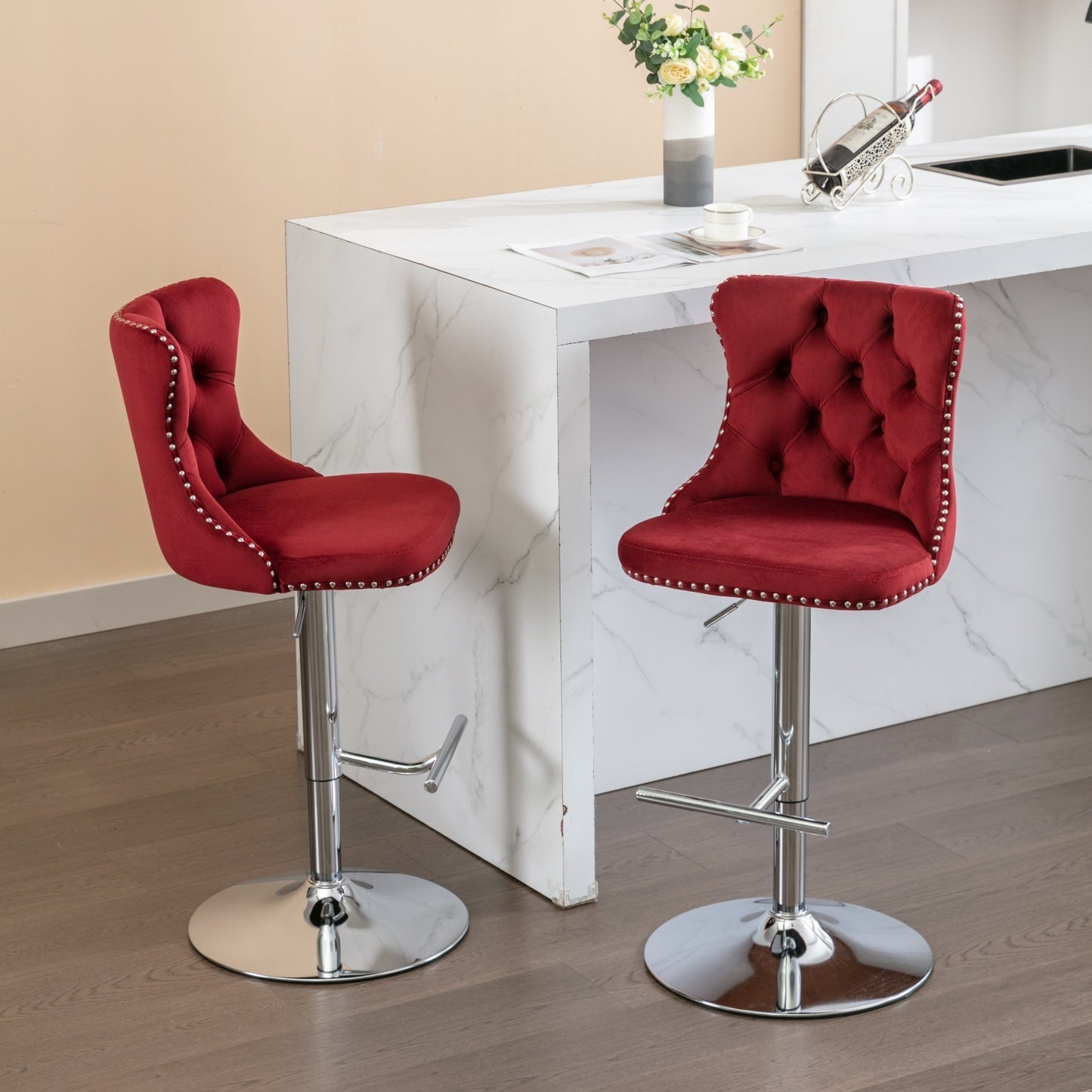 Swivel Velvet Barstools Adjusatble Seat Height from 25-33 Inch, Chrome base Bar Stools with Backs Comfortable Tufted for Home Pub and Kitchen Island, Wine Red,Burgundy,Set of 2,1712WR