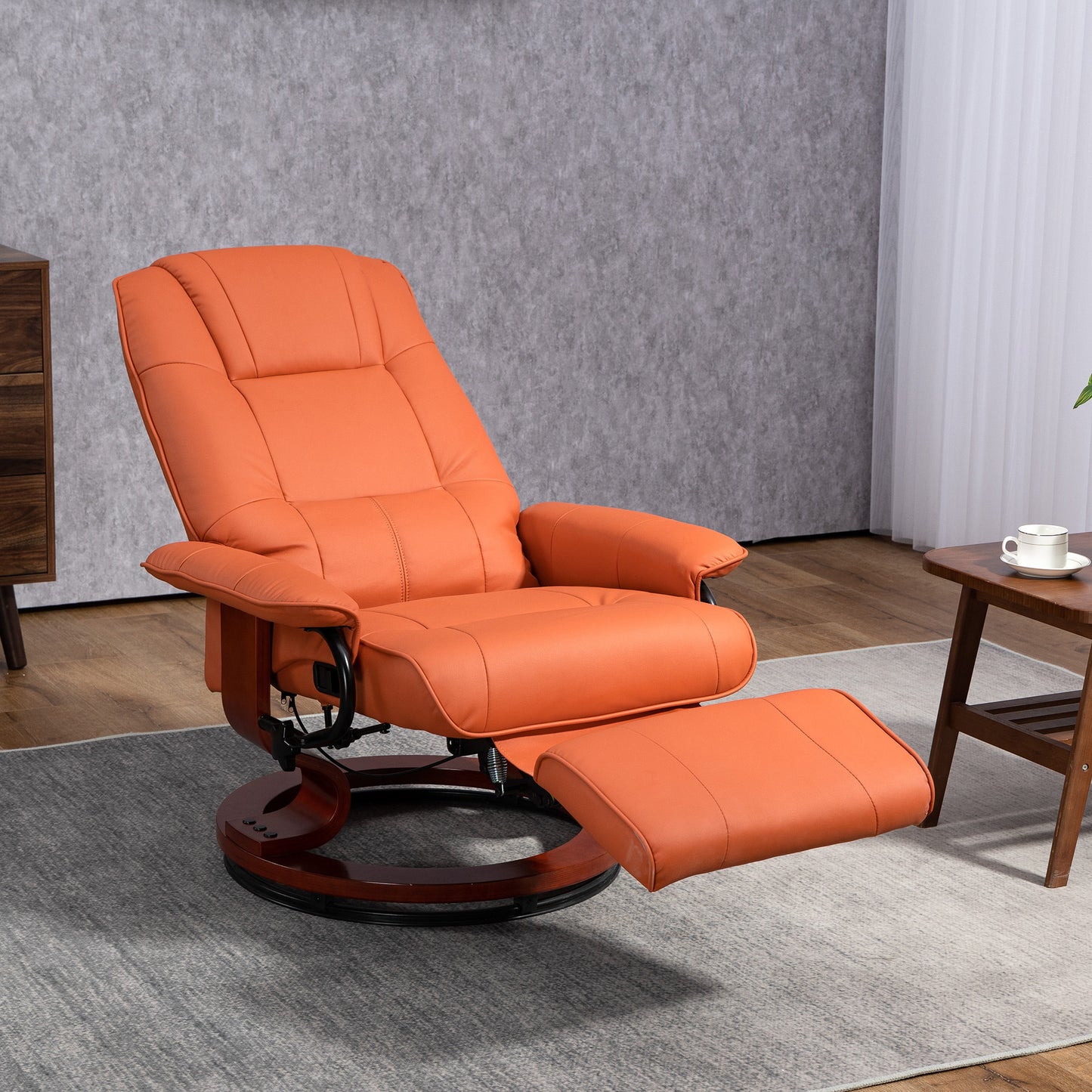 HOMCOM Faux Leather Manual Recliner, Adjustable Swivel Lounge Chair with Footrest, Armrest and Wrapped Wood Base for Living Room, Orange