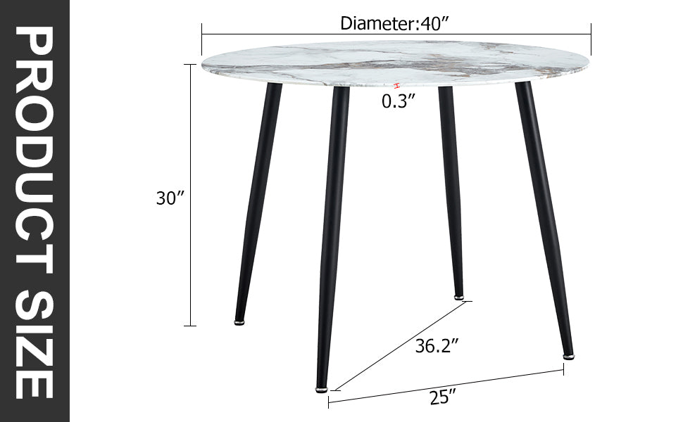 A modern minimalist circular dining table with a diameter of 40 inches, a 0.3 inch thick imitation marble pattern tabletop and black metal legs  40 '* 40' * 30 'DT-1164