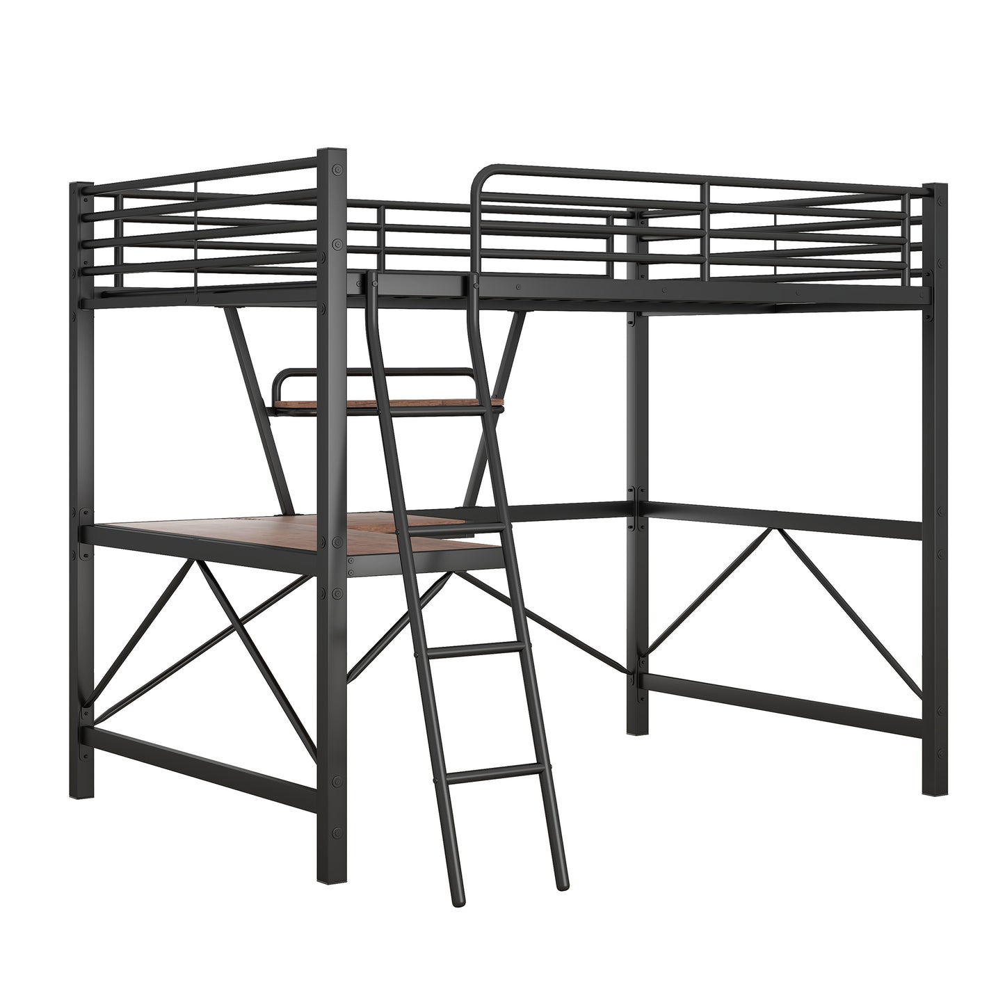 Modern Full Size Loft Bed with Desk and Shelf in Black Metal & MDF, 78''L x 56.3''W x 70.9''H