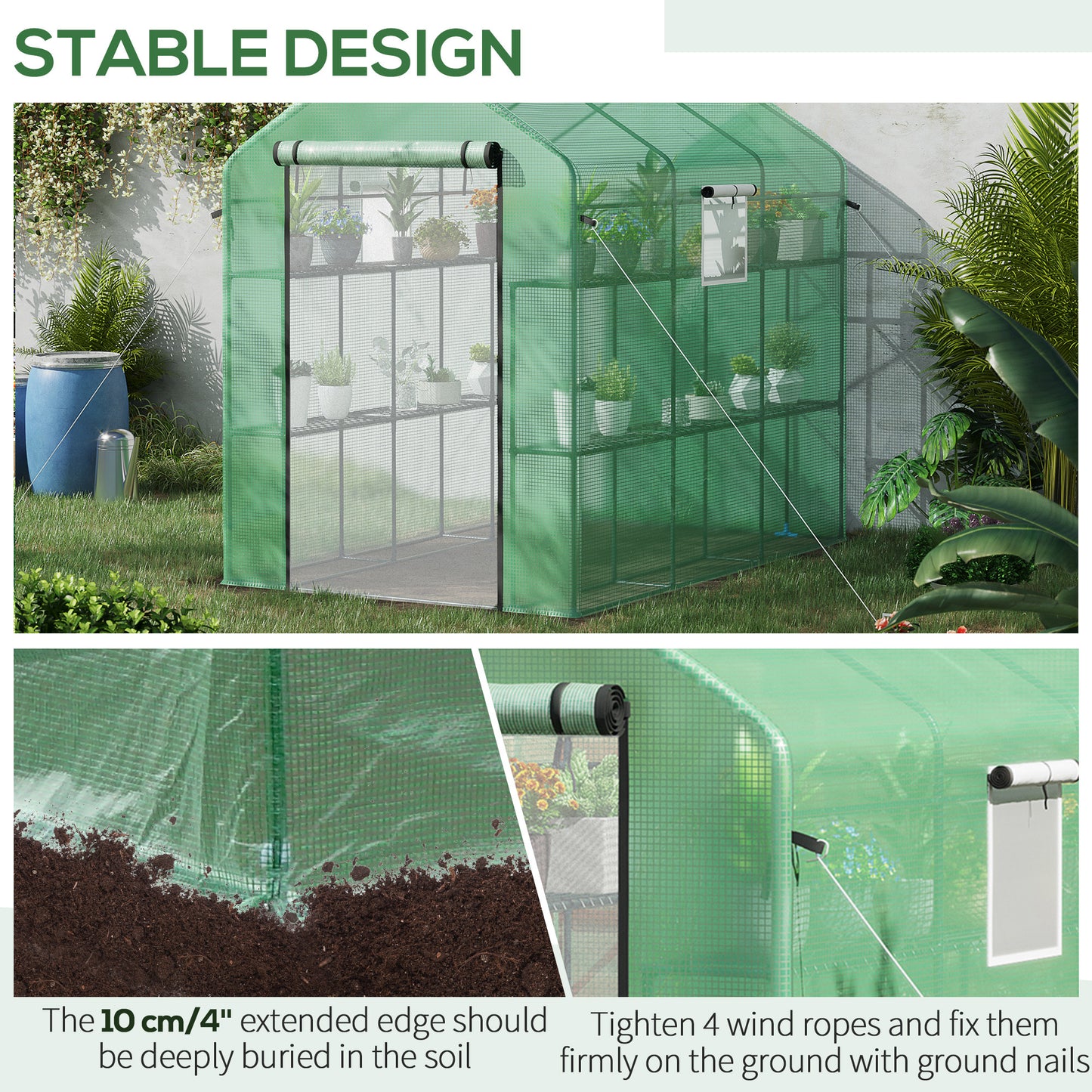 Outsunny 7' x 5' x 6' Walk-in Greenhouse with Mesh Door and Windows, 18 Shelf Hot House with Trellis, Plant Labels, UV protective for Growing Flowers, Herbs, Vegetables, Saplings, Green