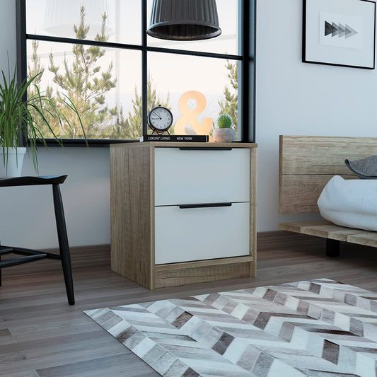 Kaia Nightstand , End Table, Side Table Two Drawers, Metal Handle -White / Pine