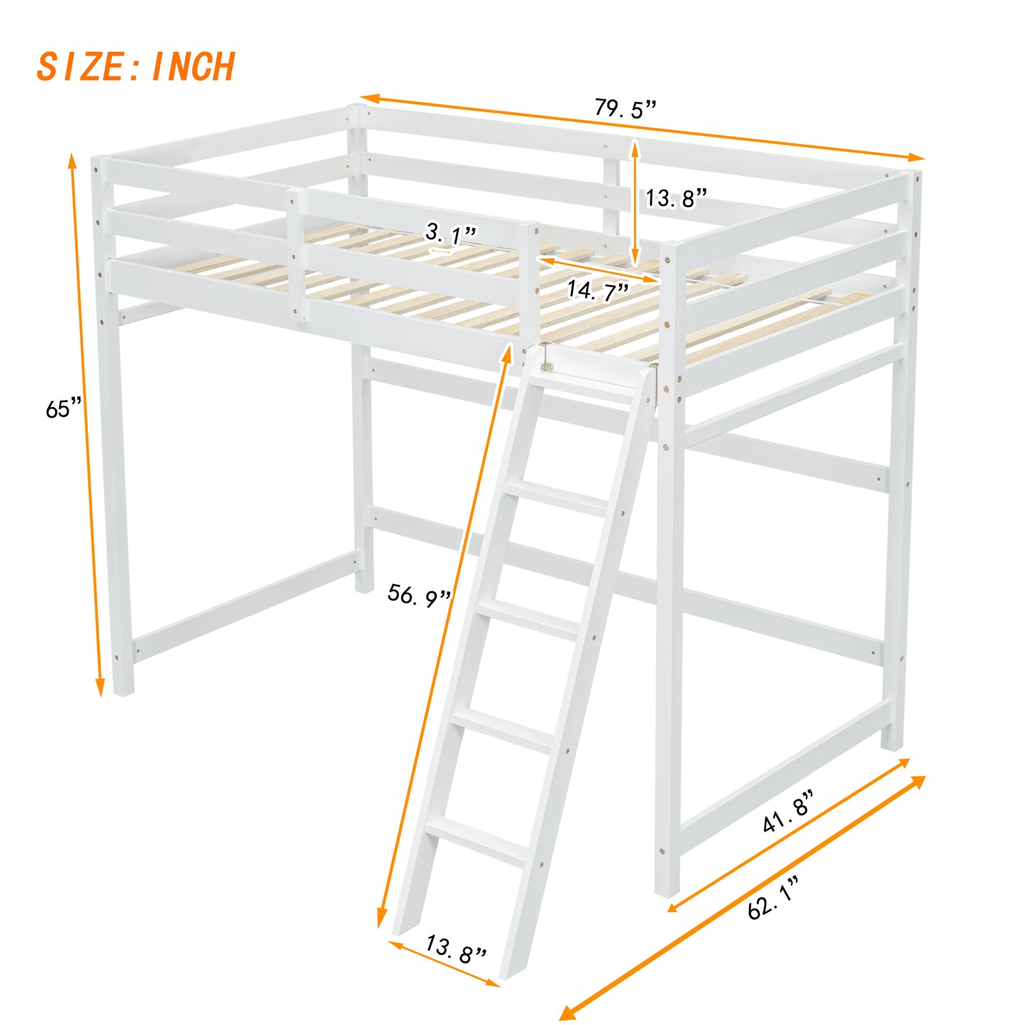 Twin Size High Loft Bed with inclined Ladder, Guardrails,White