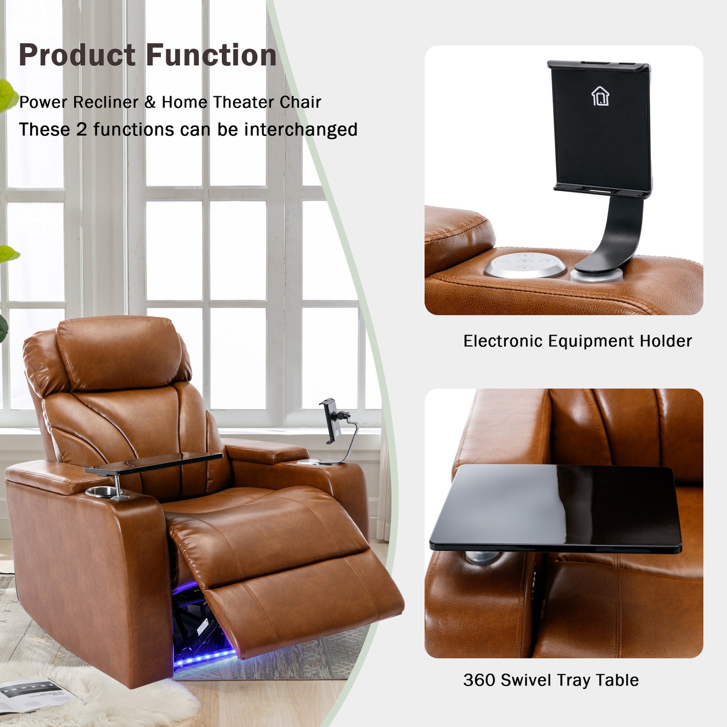 Power Motion Recliner Electric Power Recliner with USB Charging Port, Hidden Arm Storage, Convenient Cup Holder and Bluetooth Speaker,  Light  Brown(Old Sku:SG000800AAS)