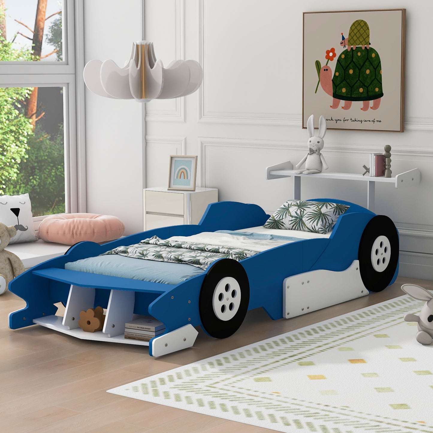 Twin Size Race Car-Shaped Platform Bed with Wheels,Blue