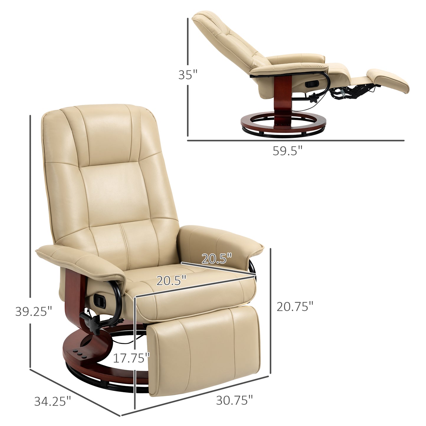 HOMCOM Faux Leather Manual Recliner with Swivel Wood Base, White