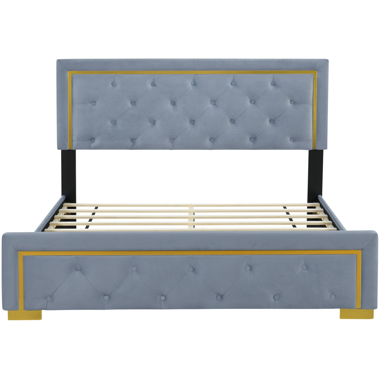 Queen Size Upholstered Platform Bed With Pull Point Headboard And Metal Wire Frame At The Head And Foot Of The Bed, Metal Feet, Velvet, Gray