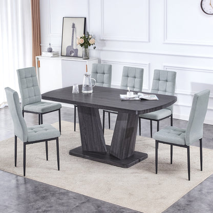 Dining Table Set for 6, 7 Piece Kitchen Table Chairs Set, 1.8" Thickness Tabletop and V-shaped Table Legs, Modern Dining Room Set with 63 inch Dinner Table and 6 Upholstered Chairs for Dining Room