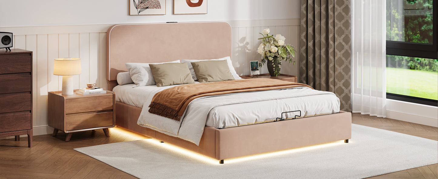 Upholstered Platform Full Size Hydraulic Storage Bed, Lift Up Storage Bed with RGB LED Light, Bluetooth Speaker, No Box Spring Needed, Lychee Velvet,Pink