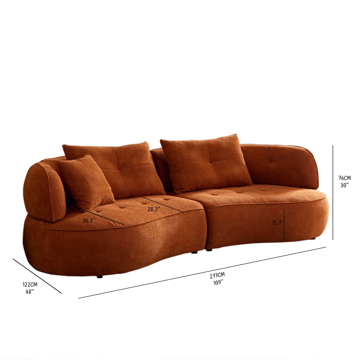 WKS7C Orange sectional sofa with removable pillows, durable fabric, solid wood frame, high density sponge filler