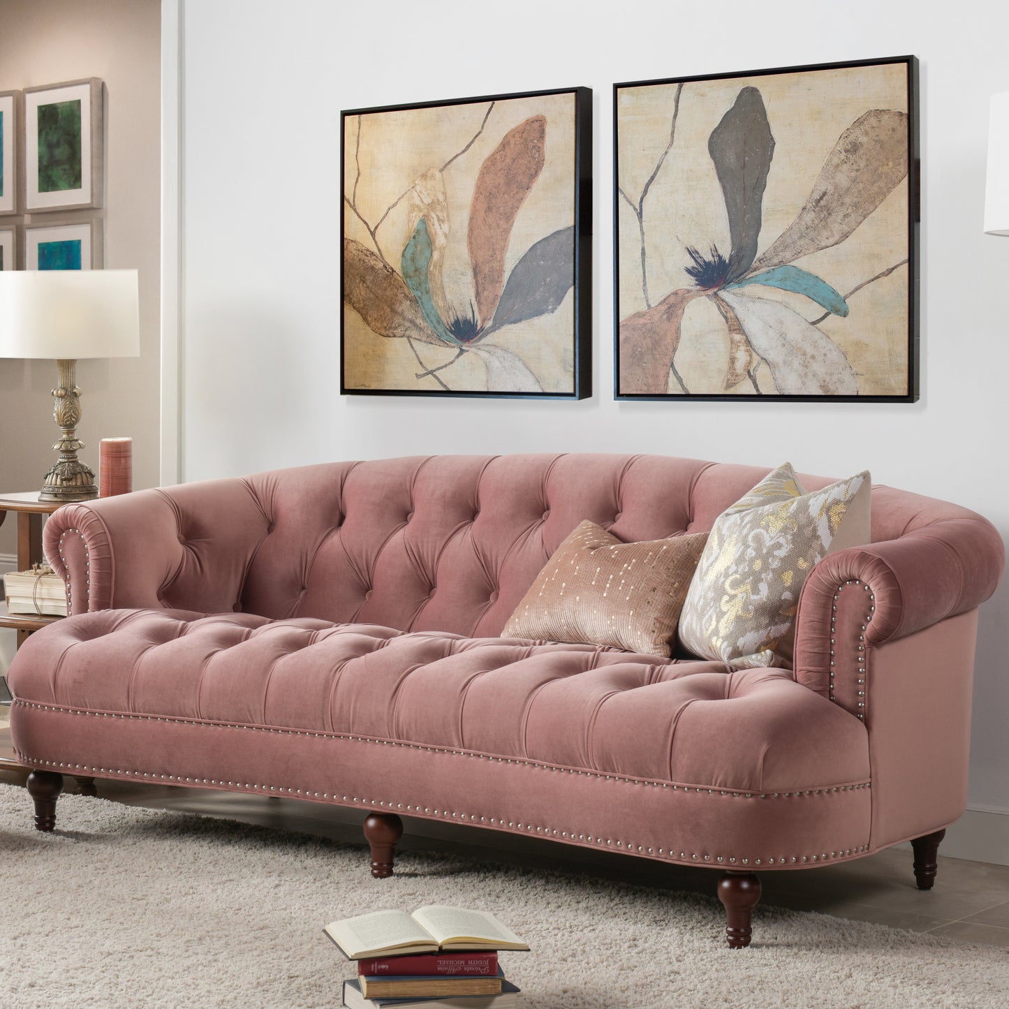 La Rosa Victorian Chesterfield Tufted Sofa, Ash Rose Pink Velvet