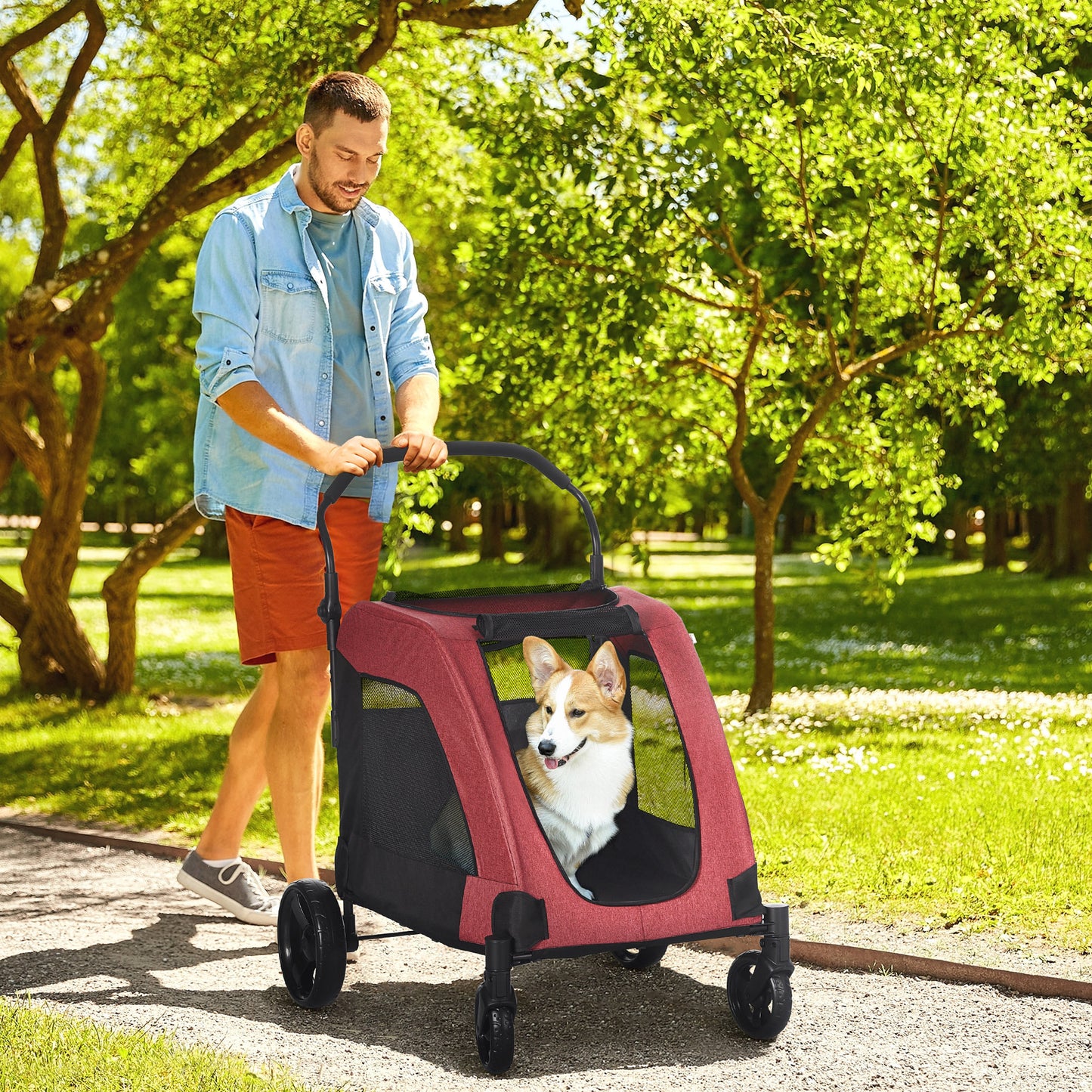 PawHut Pet Stroller Universal Wheel with Storage Basket Ventilated Foldable Oxford Fabric for Medium Size Dogs, Red