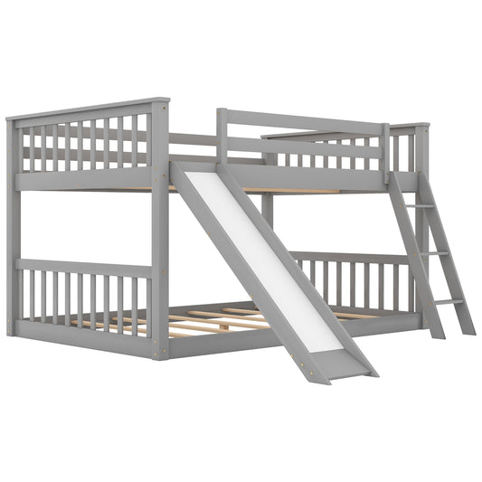 Gray Full over Full Bunk Bed with Convertible Slide and Ladder, Pine Wood and MDF, 79.1''L x 57.5''W x 49.4''H
