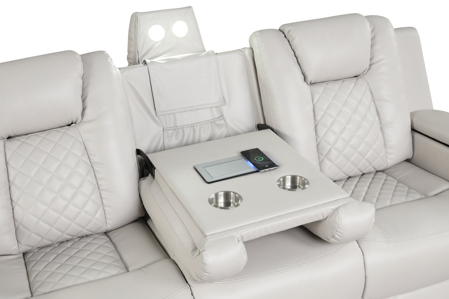 LED & Power Reclining Sofa Made With Faux Leather in Ice