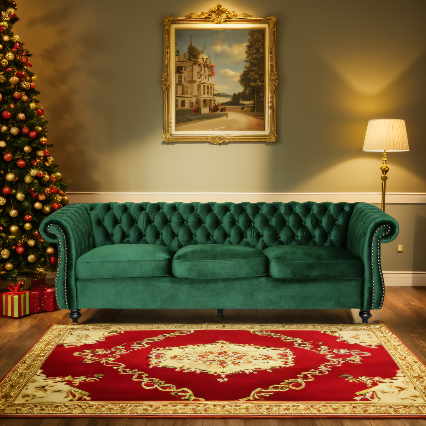 Durable 3-Seater Emerald Velvet Sofa, Combining Luxurious Comfort with Christmas Design, Perfect for Elegant Living Spaces, Featuring Plush Upholstery for Relaxation and a Touch of Sophisticated Style