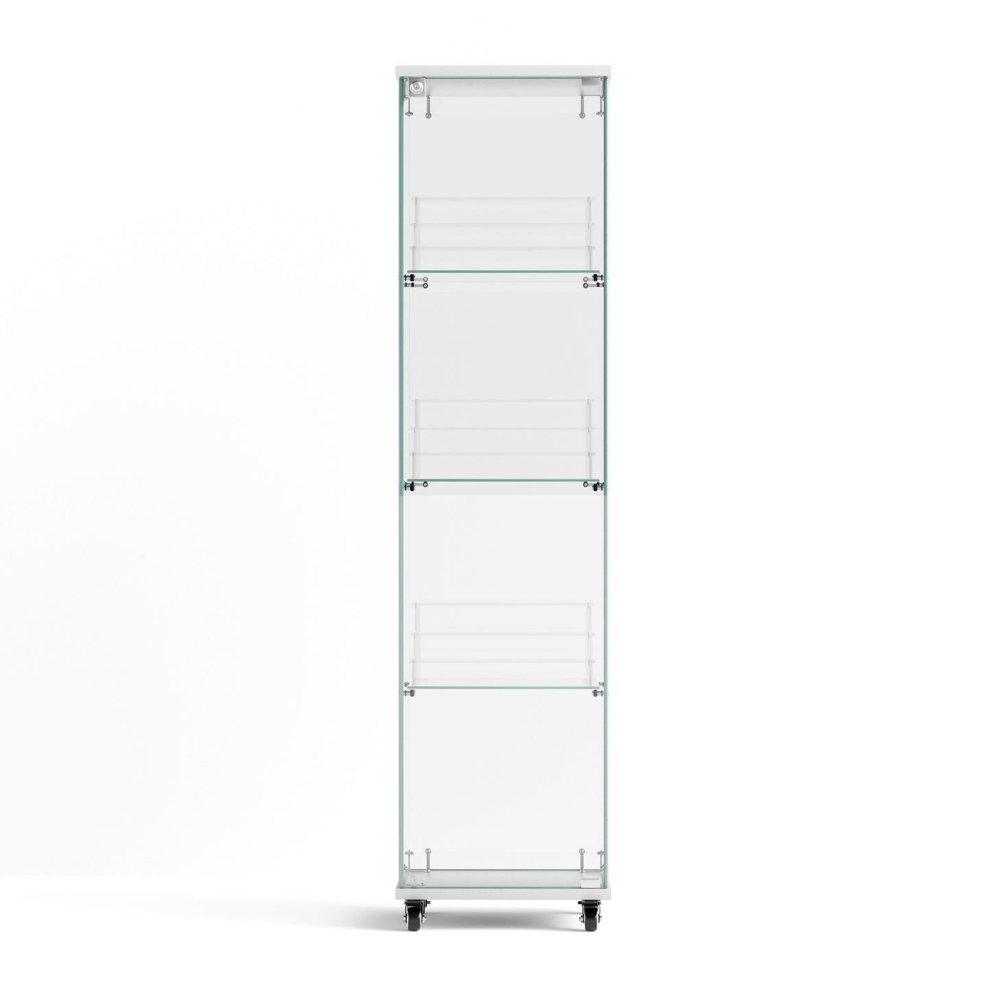 4 Tier Glass Display Cabinet, Single Door Glass Cabinet with Lock and Wheels, Floor Standing Storage Cabinet with 3 Acrylic Shelves for Living Room, Bedroom and Office, White, 15.8"L x 14.2"W x 65.1"H