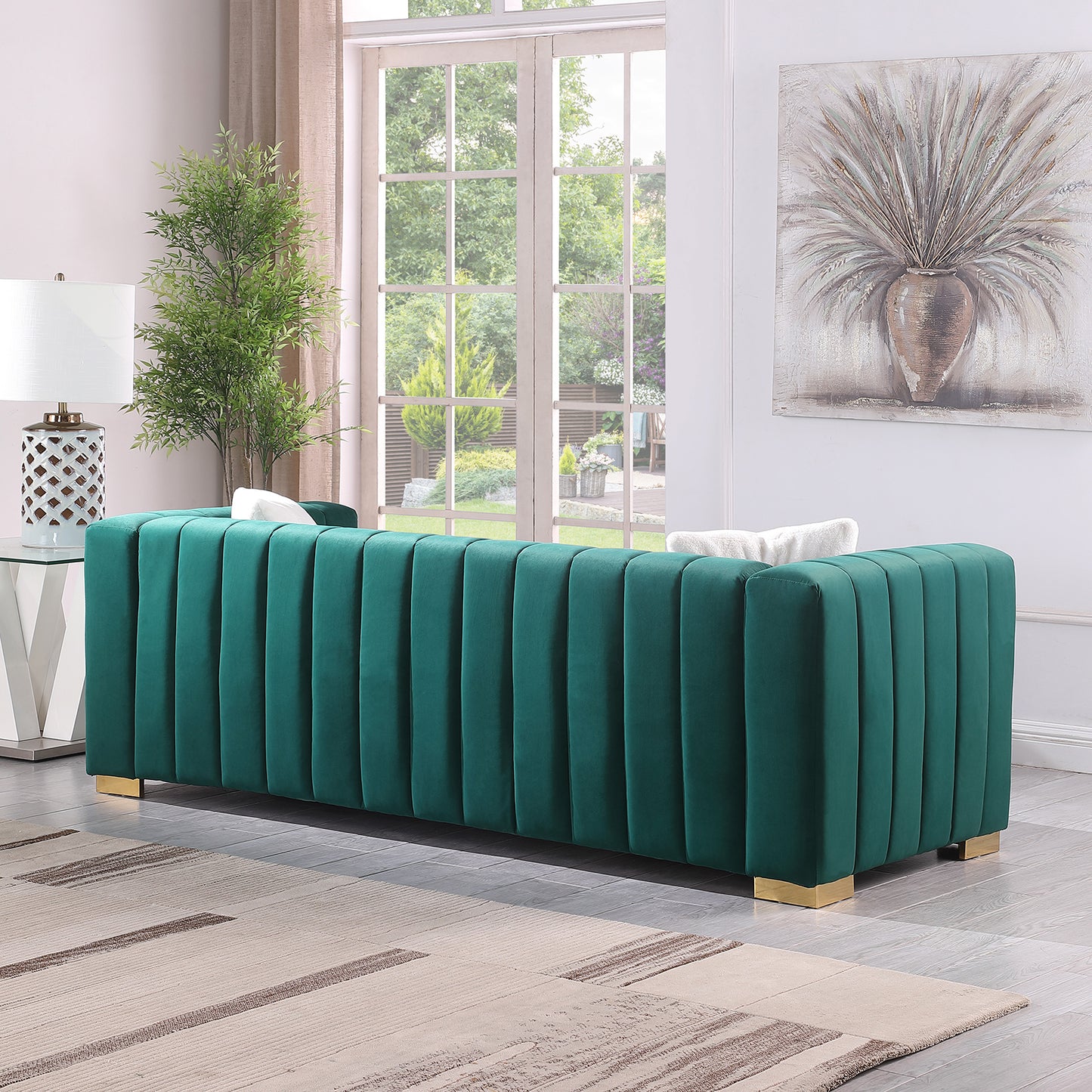 A modern  channel sofa  take on a traditional Chesterfield,Dark Green color,3 Seater