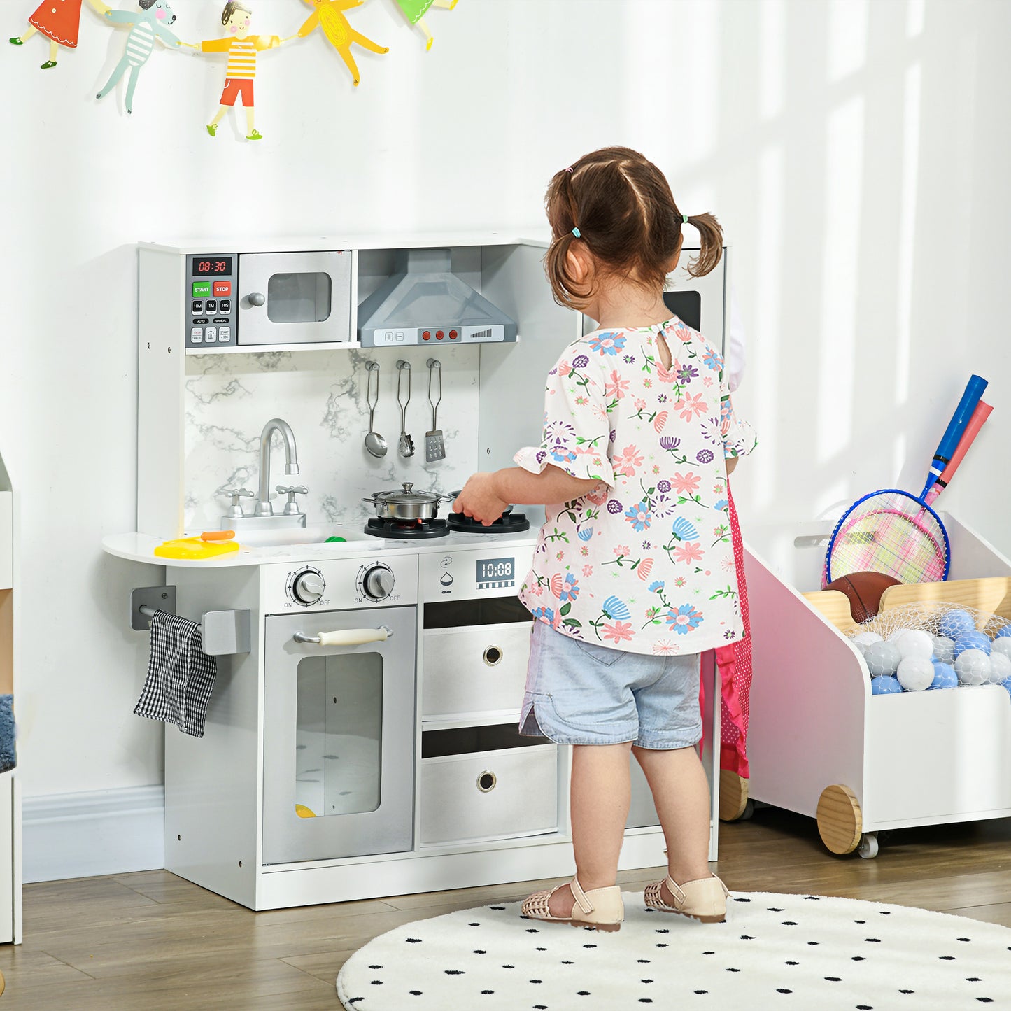 Qaba Play Kitchen Set for Kids, Kids Kitchen Playset with Lights Sounds, Apron and Chef Hat, Ice Maker, Microwave, Towel Rack, Utensils, Range Hood, Fun with Friends, for Ages 3-6 Years, White