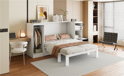 Twin Size Murphy Bed with Bedside Shelves and Wardrobe, White