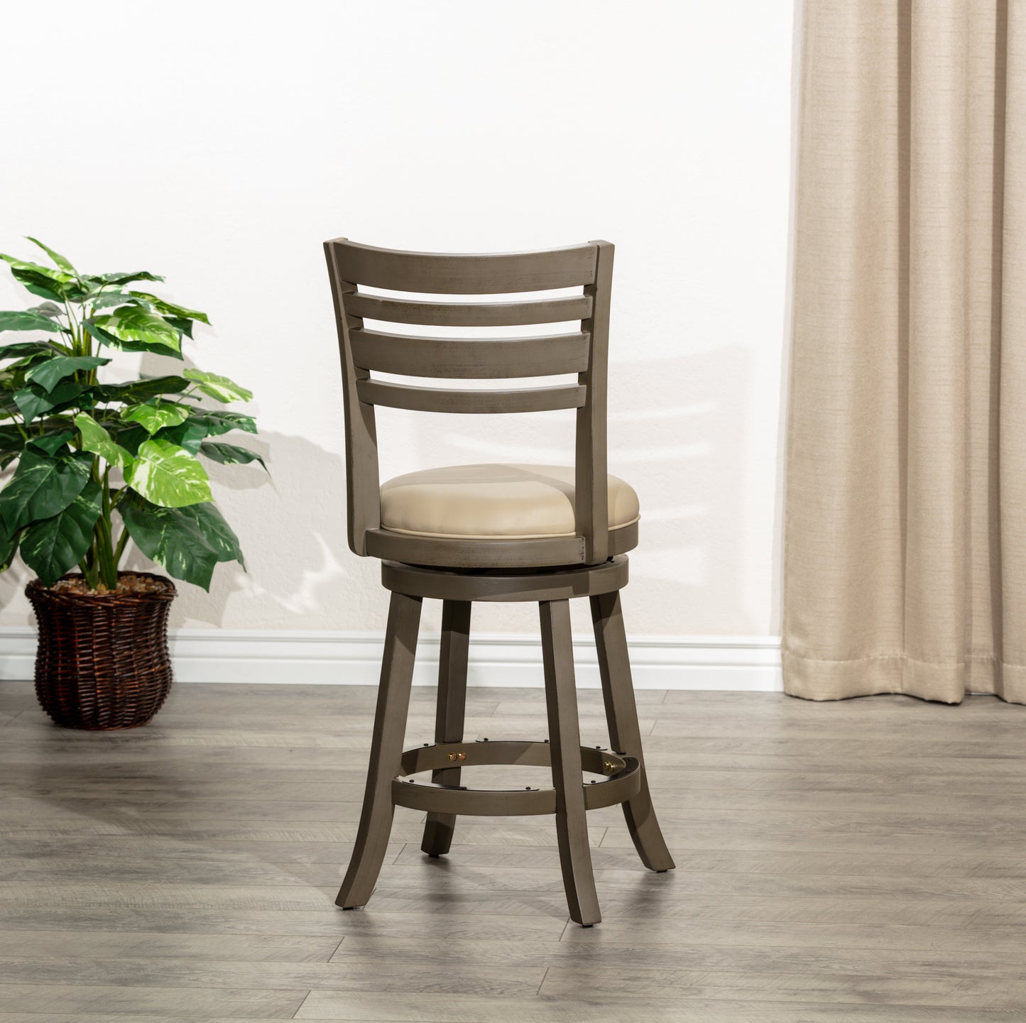 24" Counter Height Slat Back Swivel Stool, Weathered Gray Finish, French Gray Leather Seat