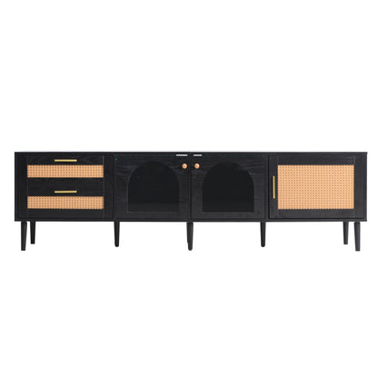 Rattan TV Stand with 3 Cabinets & 2 Drawers, Rattan-inspired Media Console Table for TVs up to 80'', LED Light Entertainment Center, TV cabinet for Living room, Bedroom, Home Theatre