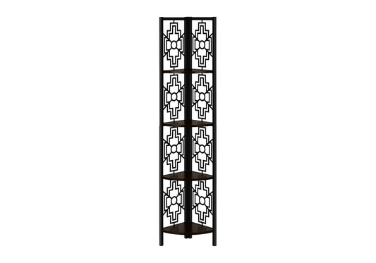 Bookshelf, Bookcase, Etagere, Corner, 4 Tier, 62"h, Office, Bedroom, Brown Laminate, Black Metal, Transitional