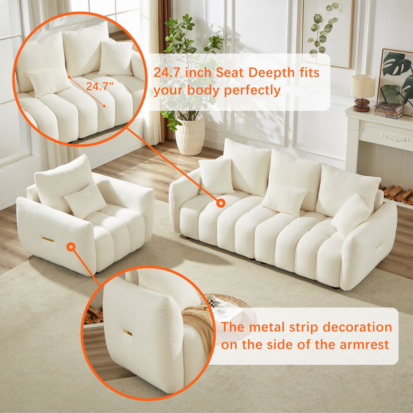 [video] MH 82" Premium Teddy fabric Sofa with 3 Back Pillows and 3 back Cushions Solid Wood Frame 3-Seater Sofa, Oversized Upholstered Chair for Living Room, Bedroom, Apartment and Office