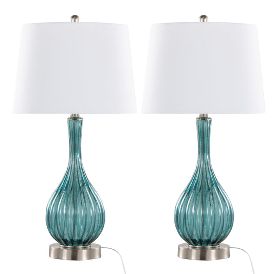 Jenny 27' Contemporary Glass Table Lamp in Clear Sapphire Blue Crackle Glass, Brushed Nickel and White Linen Shade from Grandview Gallery by LumiSource - Set of 2