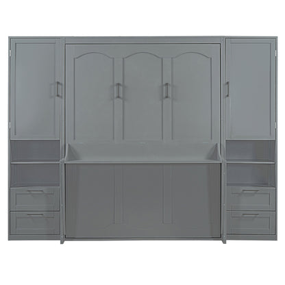 Queen Size Murphy Bed Wall Bed with Closet ,Drawers and Shelves,Gray