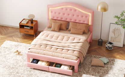 Queen Size Upholstered Platform Bed with Tufted Headboard, LED and 2 Drawers, Pink