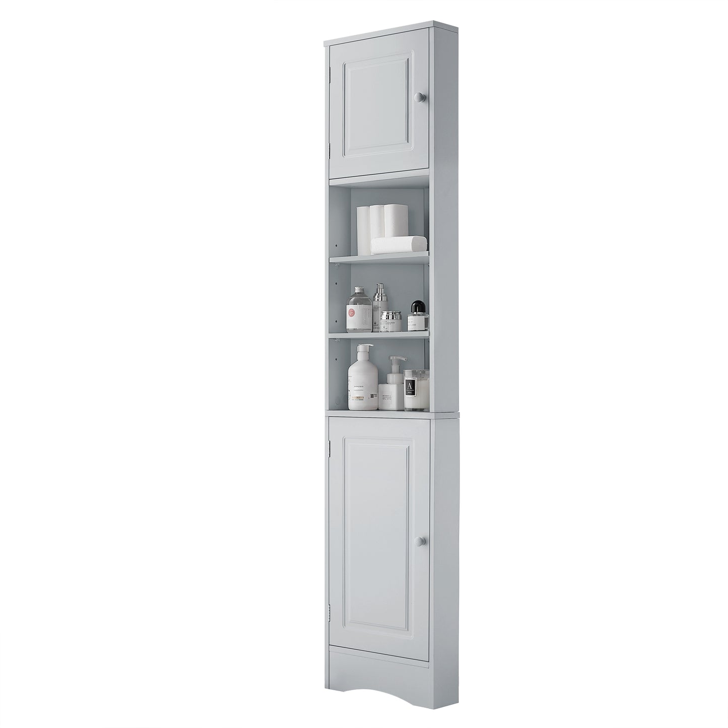 Multi-Functional Corner Cabinet Tall Bathroom Storage Cabinet with Two Doors and Adjustable Shelves, Open Shelf, Grey