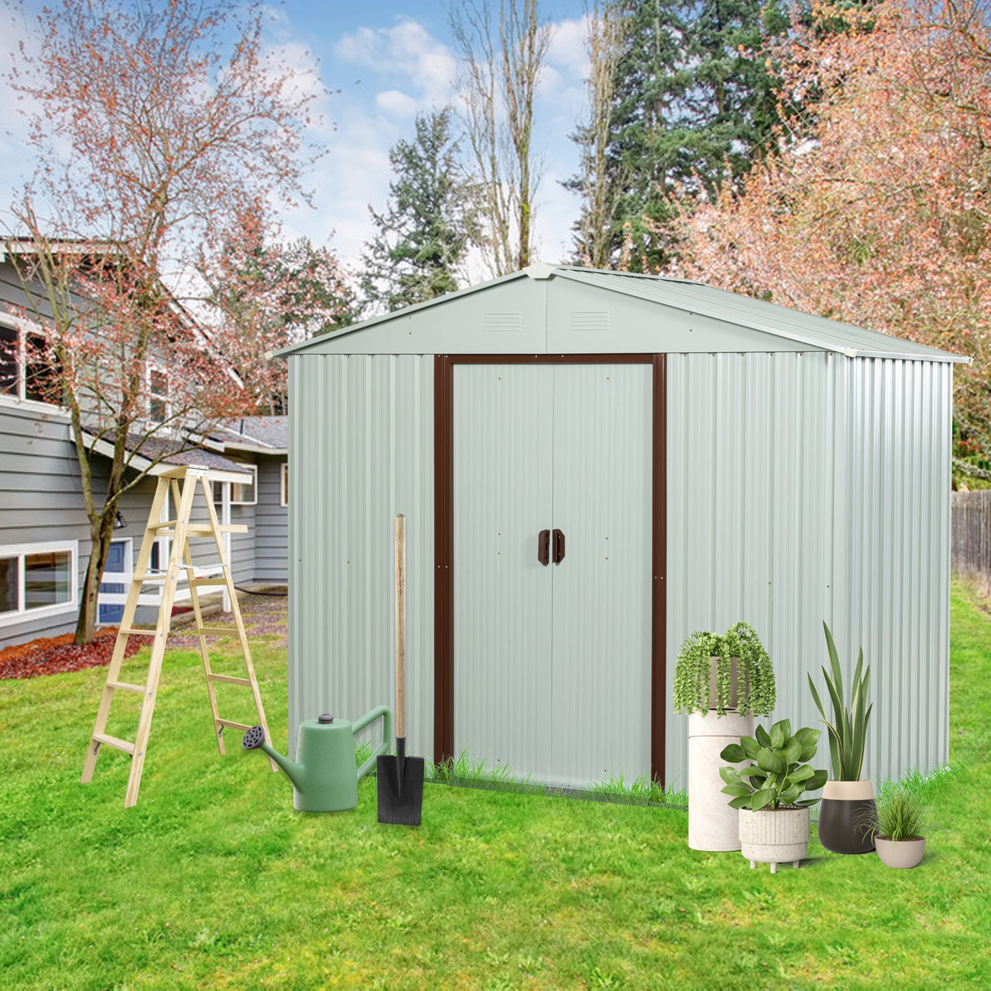 8ft x 4ft Outdoor Metal Storage Shed with metal foundation White