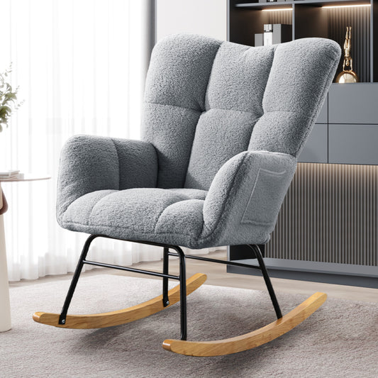 Teddy Fabric Rocking Chair, Modern Rocking Accent Chair for Nursery, Living Room, Bedroom, Gray