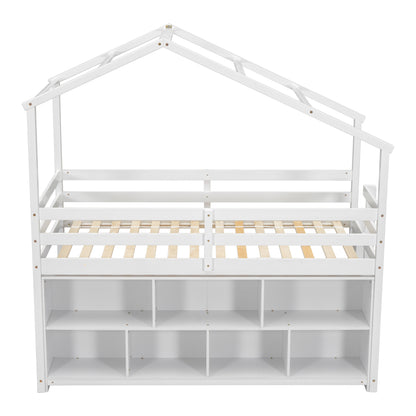 Twin House Loft Bed with Roof Frame, Under Bed Shelving Storage Unit, Guardrails, Ladder,White