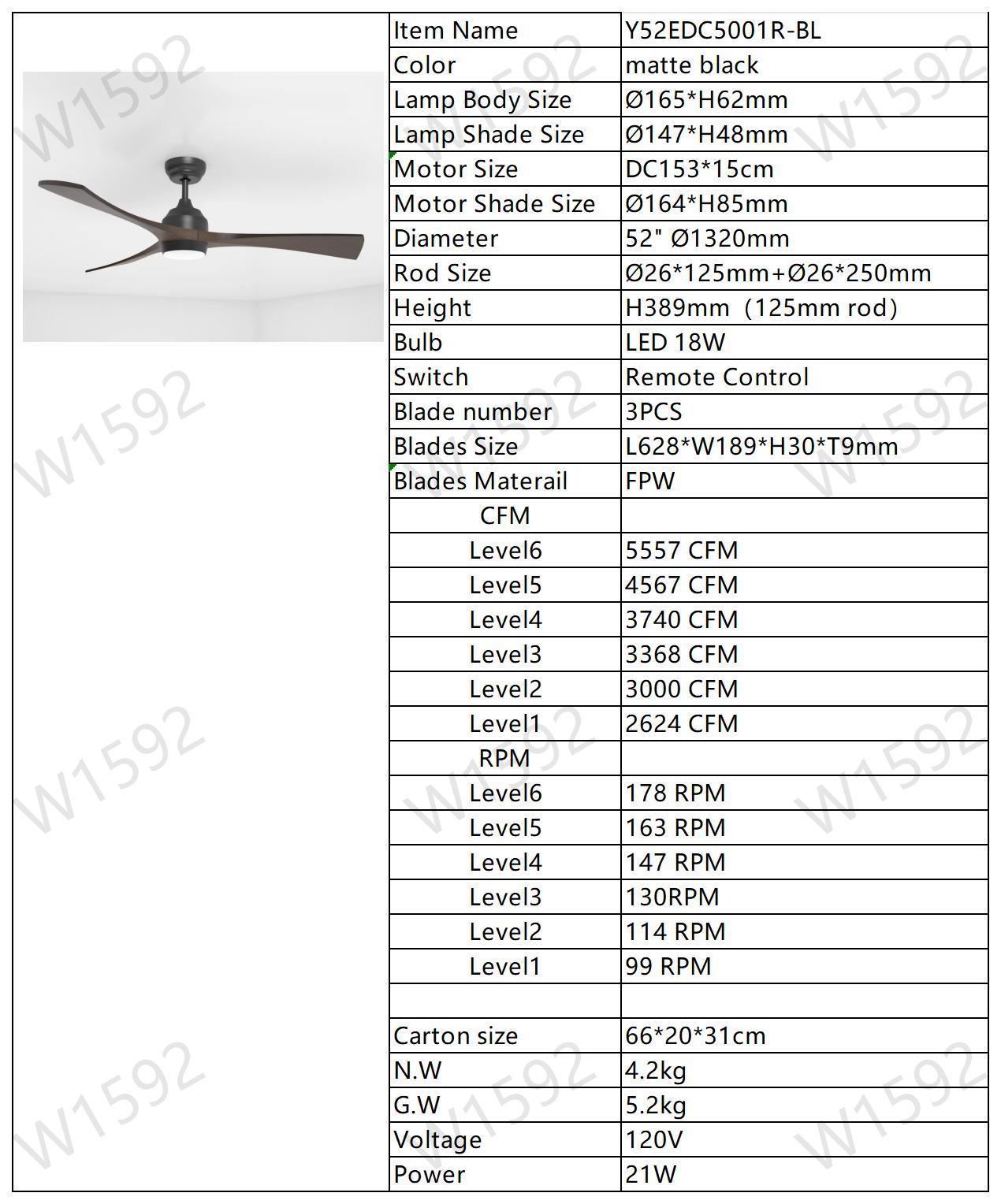 52" Ceiling Fan with Lights Remote Control,Quiet DC Motor 3 Blade Ceiling Fans 6 Speed Levels,Reversible Ceiling Fan, for Patio Living Room, Bedroom, Office,Indoor.(Matte Black +Black Walnut )