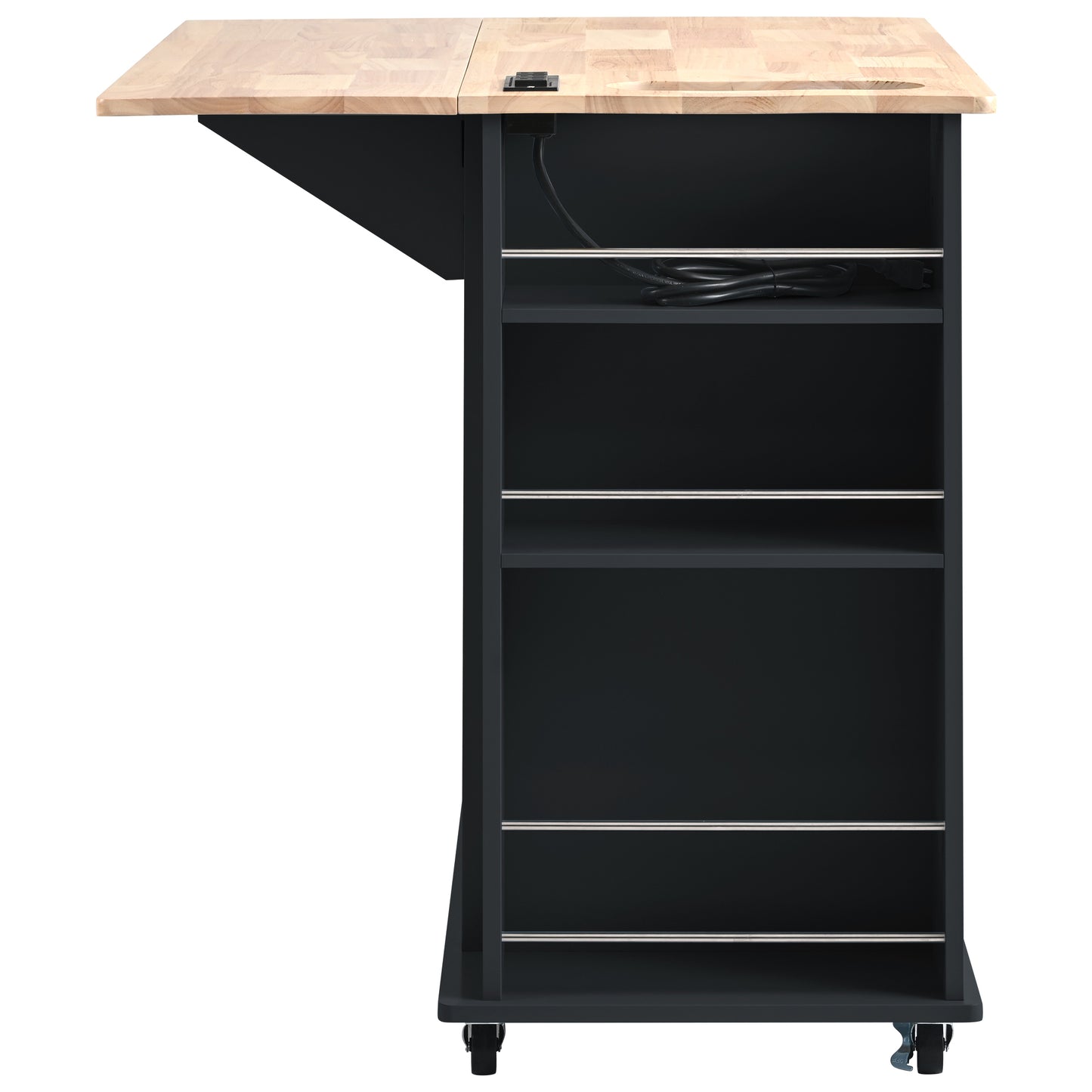 Kitchen Island with Power Outlet,Kitchen Storage Island with Drop Leaf and Rubber Wood,Open Storage and Wine Rack,5 Wheels,with Adjustable Storage for Home, Kitchen, and Dining Room, Black