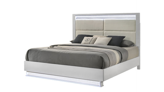 Glam Modern Style Queen Bed Made with LED Headboard & Wood in White