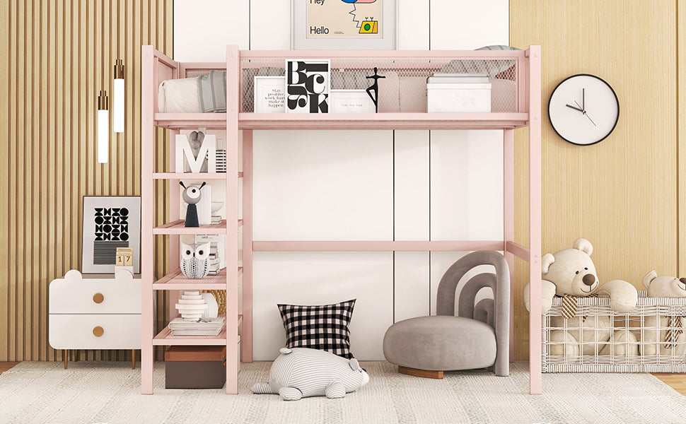 Twin Size Metal Loft Bed with 4-Tier Shelves and Storage, Pink