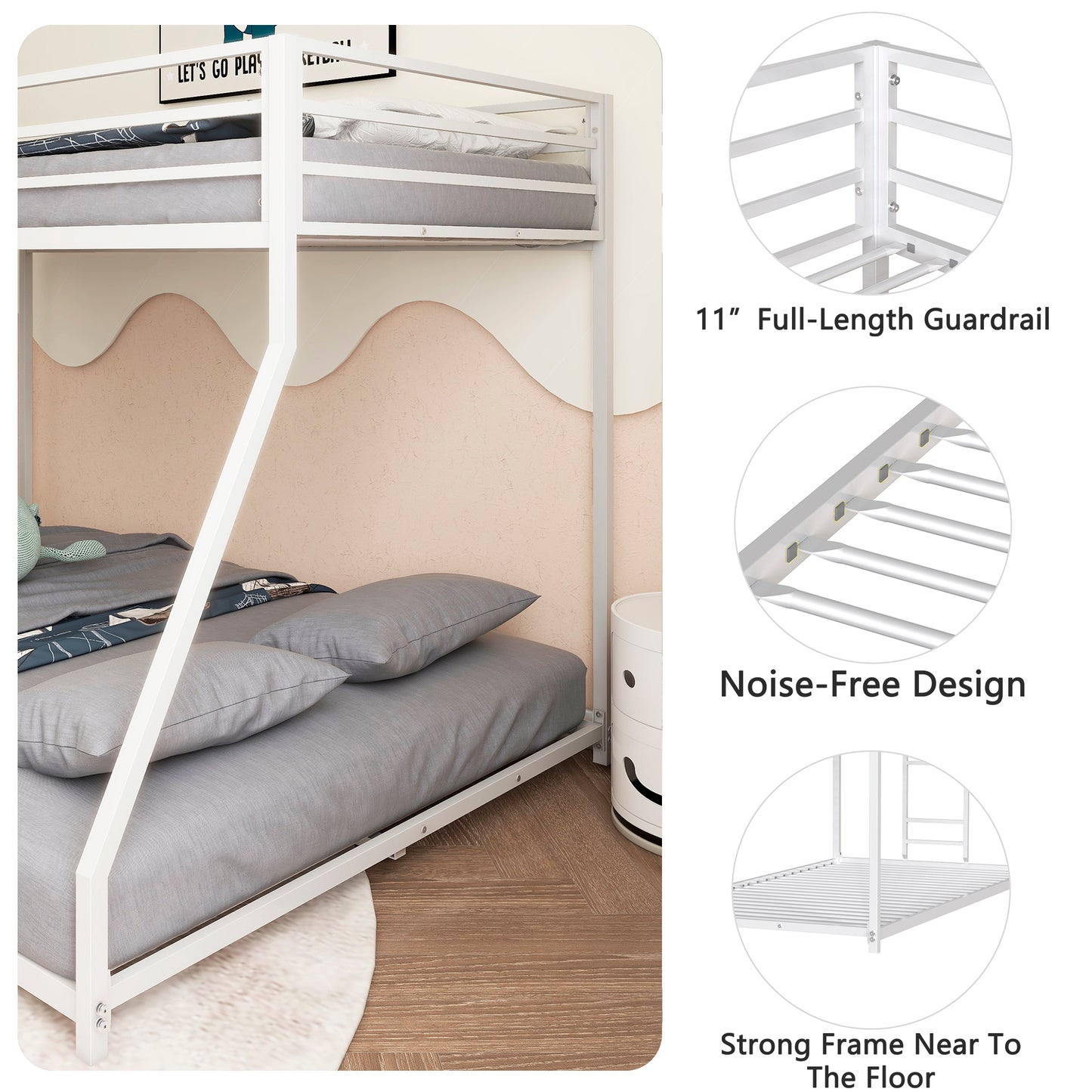 Adam Sturdy Twin over Full Metal Bunk White for Kids and Adult, Low Profile and Easy Climbing with Stable Ladder