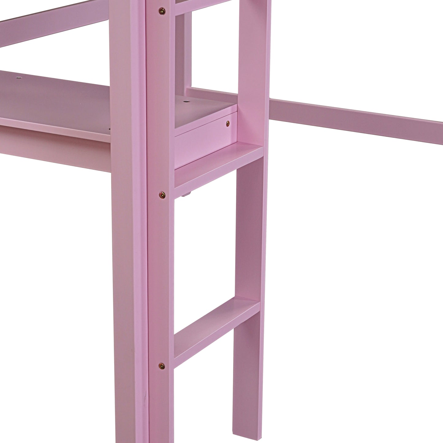 Twin High Loft Bed, Rubber Wood  Loft Bed with Safety Guardrail, built-in desk, ladder,Pink