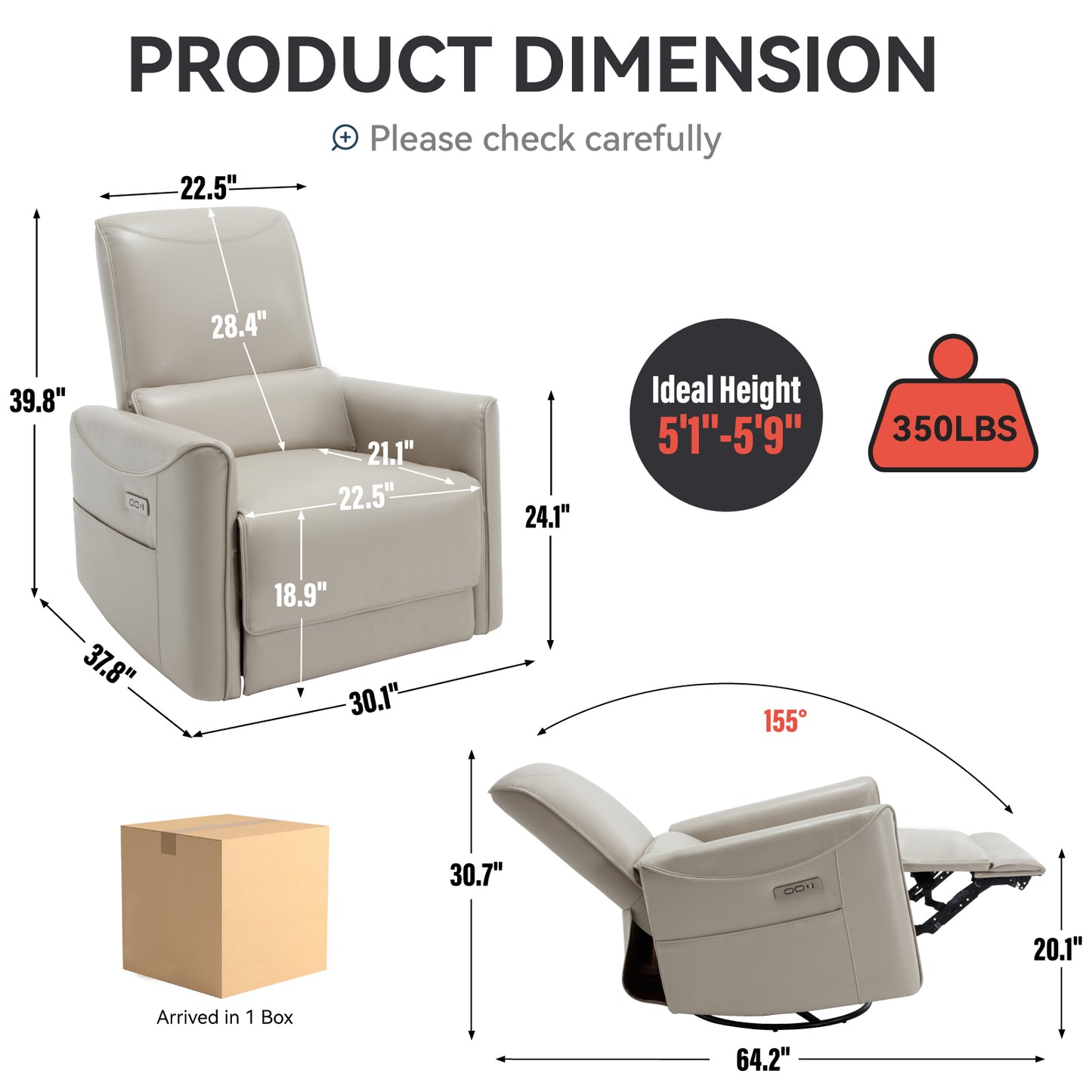 Beige Grey Leatheraire Swivel and Rocker Power Recliner Chair, Heavy Duty Motion Mechanism with USB and Type-C Ports