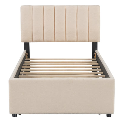 Teddy Fleece Twin Size Upholstered Platform Bed with Trundle, Beige